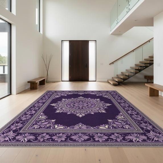 Design&I 8'x10' Washable Area Rug Purple Symmetrical Para Ornament Bordered Traditional Bedside for King Size Bedroom, Under Bed, Sleek Flatweave Pet Friendly