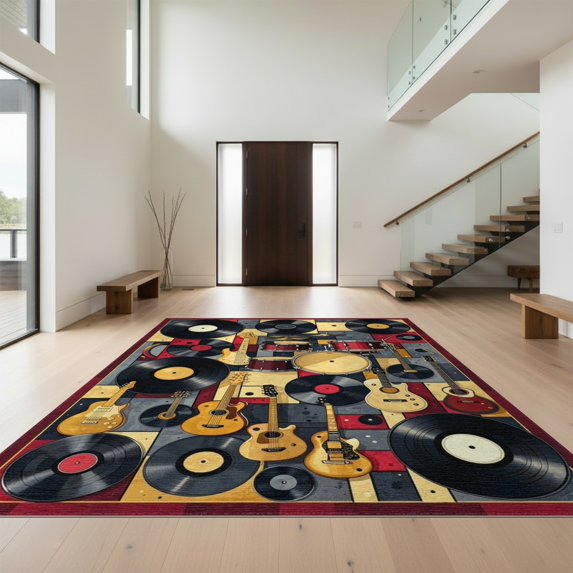 Design&I 8'x10' Washable Area Rug Record Music Collage Disc Guitar Notes Scatter Cd Shape Vinyl for King Size Bedroom, Under Bed, Sleek Flatweave Pet Friendly
