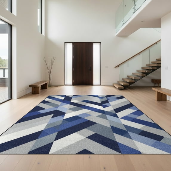Design&I 8'x10' Washable Area Rug Recycled Blocks Herringbone Abstract Mosaic Stripe Mold Navy for Dining Room, Large Office, Lounge, Snag-Free