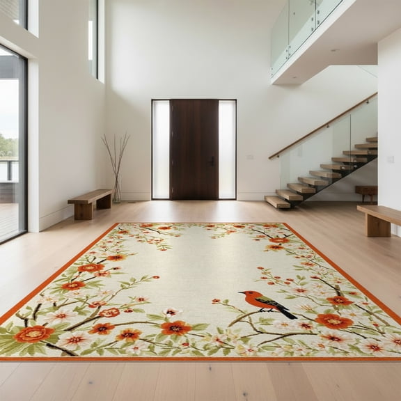 Design&I 8'x10' Washable Area Rug Retro Century Mid Bird Motif Burnt Orange Sage Funky Eclectic for King Size Bedroom, Under Bed, Sleek Flatweave Pet Friendly