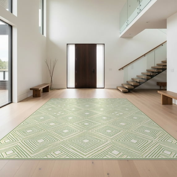 Design&I 8'x10' Washable Area Rug Sage Interlocking Cream Grid Balanced Contemporary Bathroom Waffle for Living Room, Family Extra Large Skid-Resistant Low Profile