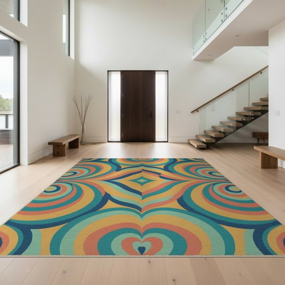 Design&I 8'x10' Washable Area Rug Shaped Funky Retro Arc Swirl Tufted Eclectic Graphic Bathroom for Living Room, Family Extra Large Skid-Resistant Low Profile