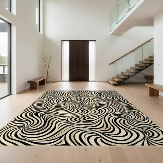 Design&I 8'x10' Washable Area Rug Sleek Flatweave Pet Friendly Abstract Curved Band Interlocking Minimalism Composition Lightweight for King Size Bedroom, Under Bed