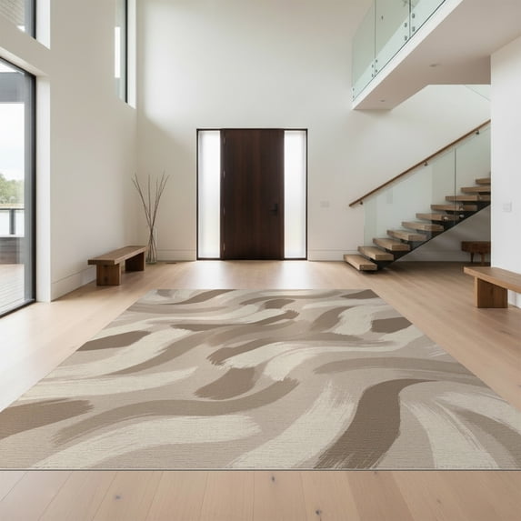 Design&I 8'x10' Washable Area Rug Sleek Flatweave Pet Friendly Abstract Flowing Ash Geometric Shapes Taupe Cream Inspired Berber for King Size Bedroom, Under Bed