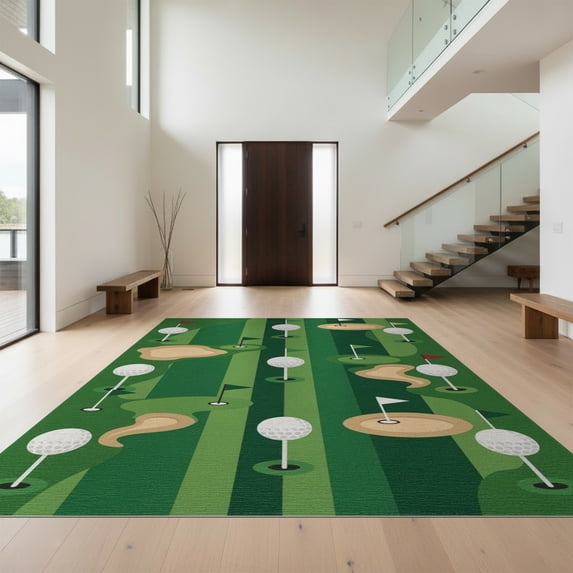 Design&I 8'x10' Washable Area Rug Sleek Flatweave Pet Friendly Ball Sport Park Layout With Flag Pin And Fairway Stripe Design Golf Flowing for King Size Bedroom, Under Bed