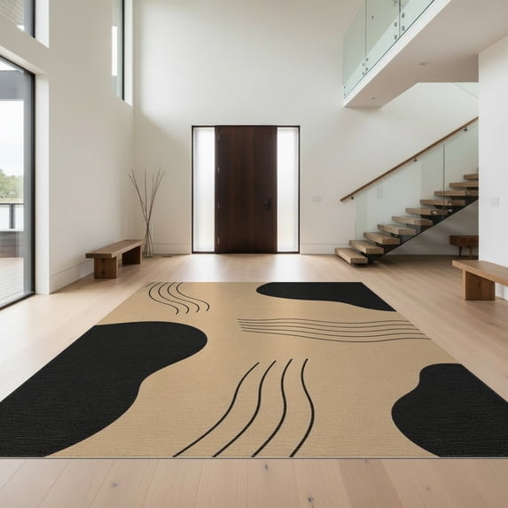 Design&I 8'x10' Washable Area Rug Sleek Flatweave Pet Friendly Beige Black Abstract Curves and Bold Shapes Elegant Geometric Contrast with Artistic for King Size Bedroom, Under Bed