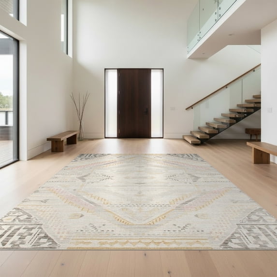 Design&I 8'x10' Washable Area Rug Sleek Flatweave Pet Friendly Beige Tonal Abstract Interlocking Shapes Minimalist Large Neutral for King Size Bedroom, Under Bed