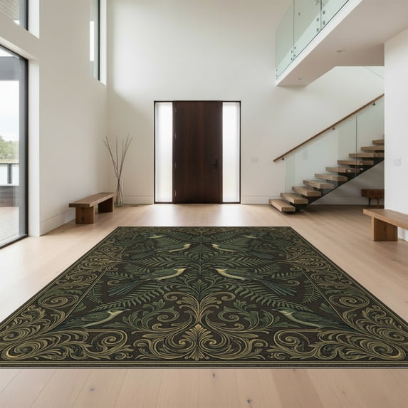 Design&I 8'x10' Washable Area Rug Sleek Flatweave Pet Friendly Bird Botanical Vintage Scroll Foliage Border Moody Whimsical Refined Structured for King Size Bedroom, Under Bed