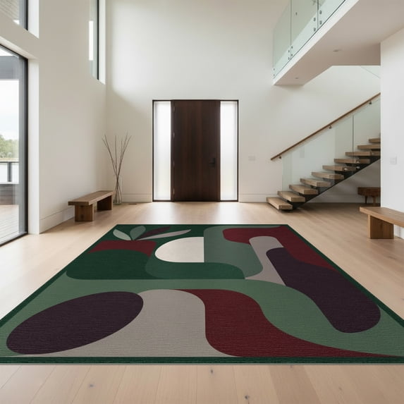 Design&I 8'x10' Washable Area Rug Sleek Flatweave Pet Friendly Deep Green Abstract Geometric Artwork Design Elegant Contemporary Shapes with Subtle for King Size Bedroom, Under Bed