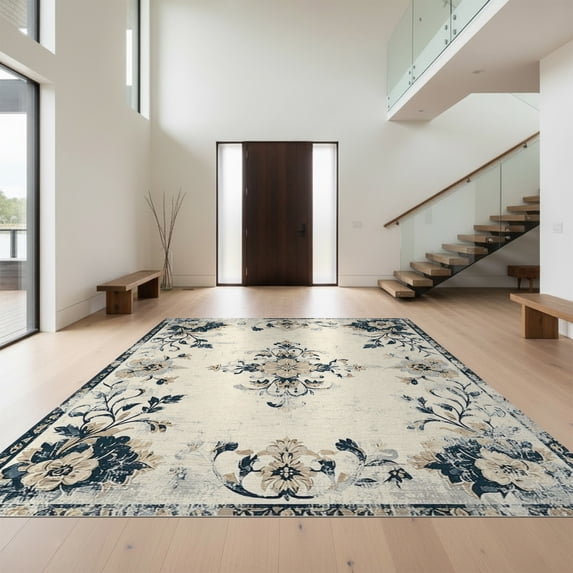 Design&I 8'x10' Washable Area Rug Sleek Flatweave Pet Friendly Extra Border Oversized Vintage Distressed Lattice Ornate Large for King Size Bedroom, Under Bed