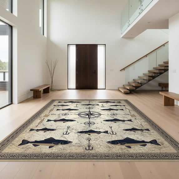 Design&I 8'x10' Washable Area Rug Sleek Flatweave Pet Friendly Fish Fishing Cabin Compass Weathered Waterway Chart Hooks Clownfish for King Size Bedroom, Under Bed