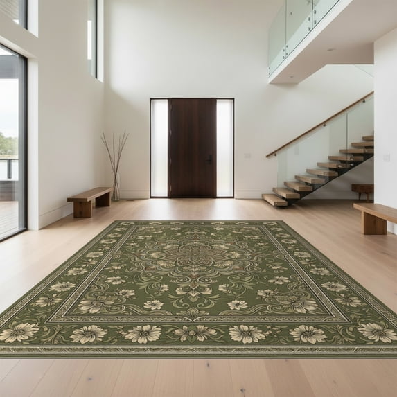 Design&I 8'x10' Washable Area Rug Sleek Flatweave Pet Friendly Floral Medallion With Faded Retro Scroll Accents Vintage Boho Refined Structured for King Size Bedroom, Under Bed