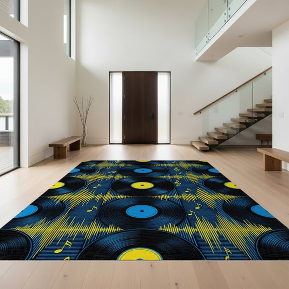 Design&I 8'x10' Washable Area Rug Sleek Flatweave Pet Friendly Funky Audio Recording Art With Repeating Circle And Bar Graphics for King Size Bedroom, Under Bed