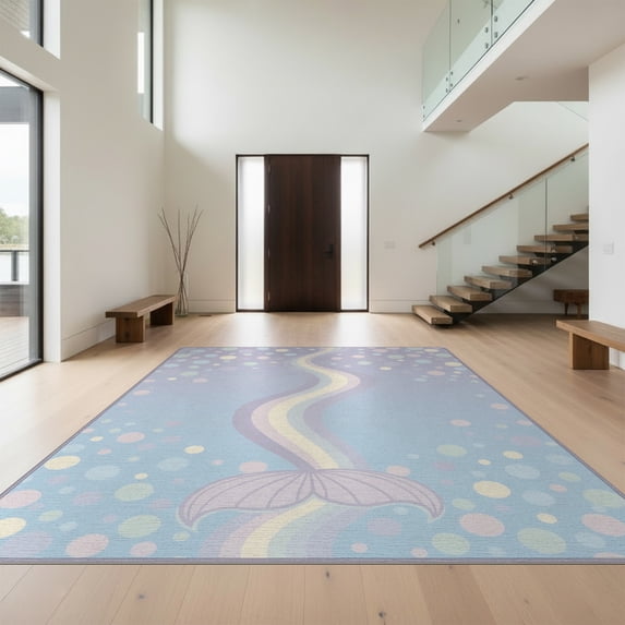 Design&I 8'x10' Washable Area Rug Sleek Flatweave Pet Friendly Mermaid Aesthetic Motif Pastel Bubble Kawaii Scale Purple Flowing Dynamic for King Size Bedroom, Under Bed