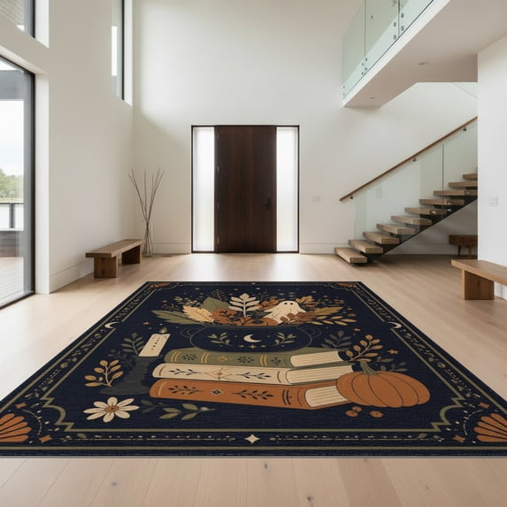 Design&I 8'x10' Washable Area Rug Sleek Flatweave Pet Friendly Midnight Blue Gold Autumnal Motif Decorative Design Seasonal Ghost and Pumpkin for King Size Bedroom, Under Bed