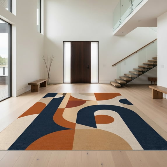 Design&I 8'x10' Washable Area Rug Sleek Flatweave Pet Friendly Navy and Terracotta Geometric Design Abstract Curved Shapes with Modern Flair for King Size Bedroom, Under Bed