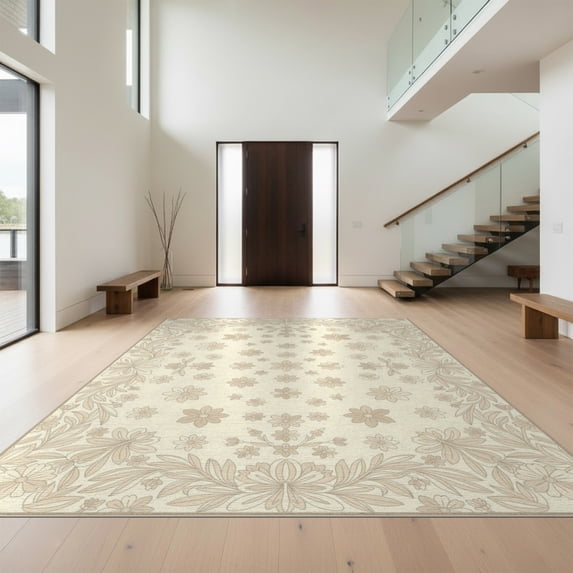 Design&I 8'x10' Washable Area Rug Sleek Flatweave Pet Friendly Neutral Cream Field Scattered Blossoms Border Beige Pile for King Size Bedroom, Under Bed