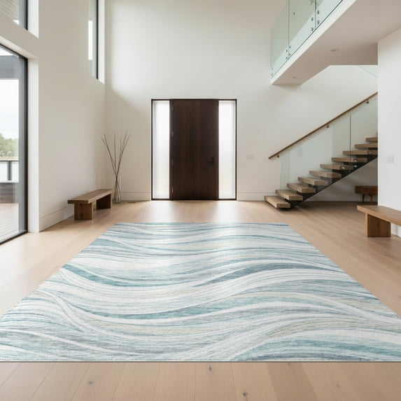 Design&I 8'x10' Washable Area Rug Sleek Flatweave Pet Friendly Ocean Themed Beachy Flowing Ripple Seaside Inspired Theme Nautical for King Size Bedroom, Under Bed