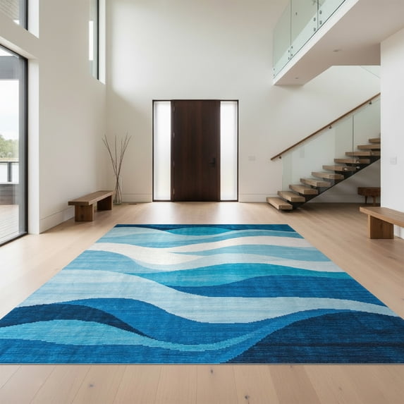 Design&I 8'x10' Washable Area Rug Sleek Flatweave Pet Friendly Ocean Wave Themed Abstract Nautical Scroll Motif Contemporary for King Size Bedroom, Under Bed