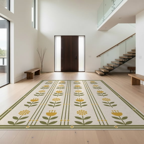 Design&I 8'x10' Washable Area Rug Sleek Flatweave Pet Friendly Olive Gold Geometric Floral Elegance Golden Accents Symmetrical Botanical with Art for King Size Bedroom, Under Bed