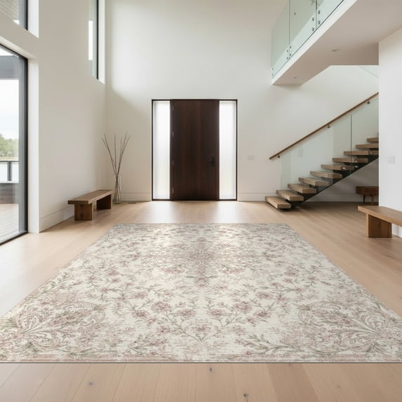 Design&I 8'x10' Washable Area Rug Sleek Flatweave Pet Friendly Pink Blush Beige Ornamental Centerpiece Delicate Vine Motif Cream for King Size Bedroom, Under Bed