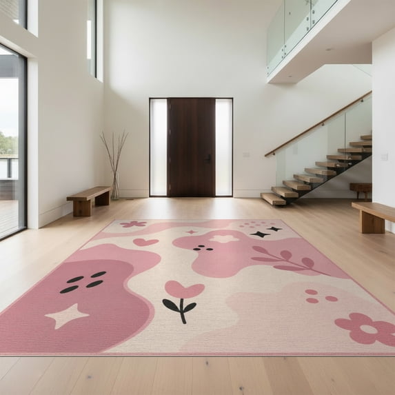Design&I 8'x10' Washable Area Rug Sleek Flatweave Pet Friendly Pink Cream Whimsical Floral and Abstract Shapes Elegant Blend of Playful Botanicals for King Size Bedroom, Under Bed