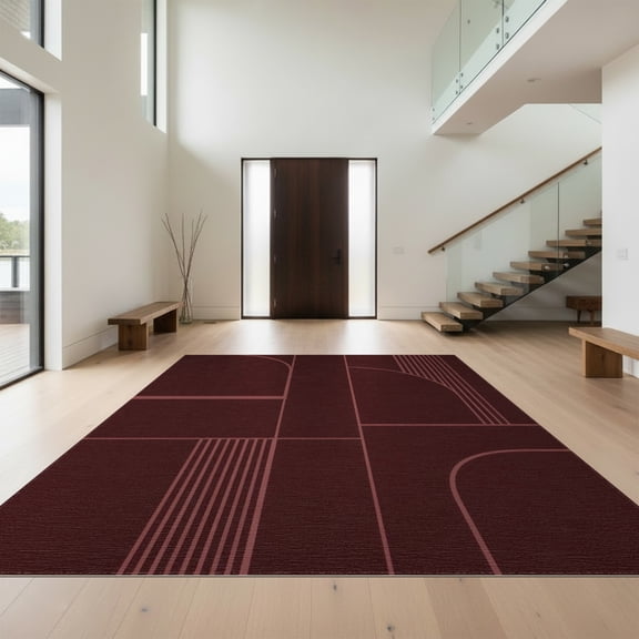 Design&I 8'x10' Washable Area Rug Sleek Flatweave Pet Friendly Pink Deep Burgundy Geometric Arcs Lines Design Elegant Contemporary Art for King Size Bedroom, Under Bed