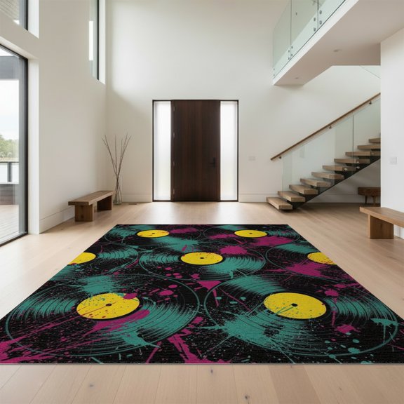 Design&I 8'x10' Washable Area Rug Sleek Flatweave Pet Friendly Record Retro Graffiti Music Bold Abstract Spinning Grooves Vinyl Flowing Dynamic for King Size Bedroom, Under Bed