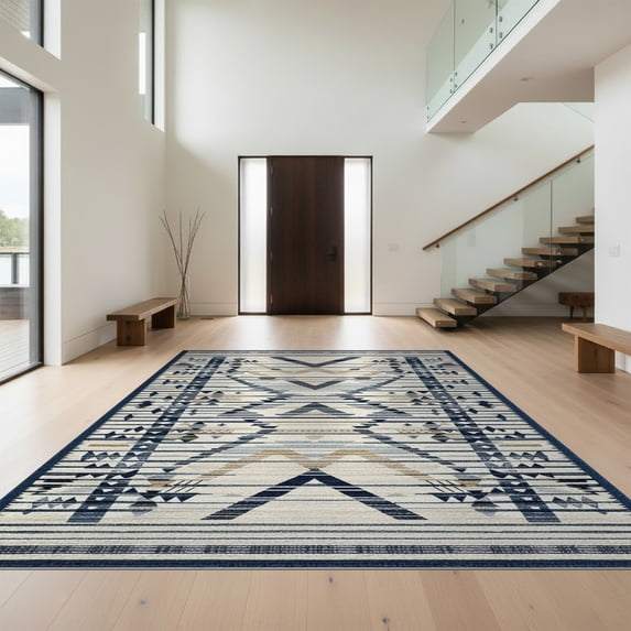 Design&I 8'x10' Washable Area Rug Sleek Flatweave Pet Friendly Recycled Herringbone Boho Interlocking Motifs Navy Mold Zigzag for King Size Bedroom, Under Bed