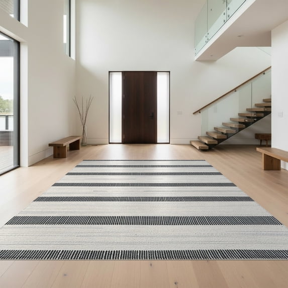 Design&I 8'x10' Washable Area Rug Sleek Flatweave Pet Friendly Striped Farmhouse Front Ticking Varied Band Widths Borders Minimalist for King Size Bedroom, Under Bed