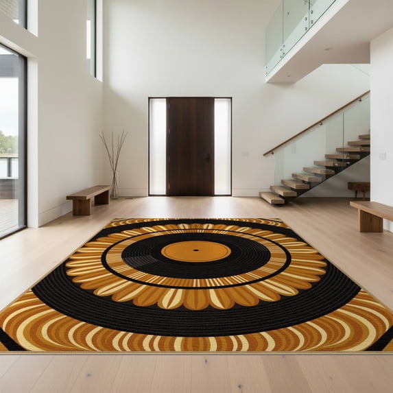 Design&I 8'x10' Washable Area Rug Sleek Flatweave Pet Friendly Wet Retro Vinyl Disc Cd Motif Featuring Radial Tapete Redondo for King Size Bedroom, Under Bed