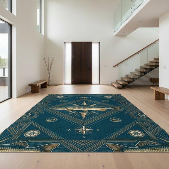 Design&I 8'x10' Washable Area Rug Sleek Flatweave Pet Friendly Wildlife Canoe Compass Frame Bass Lake Lure Border Fishing Cabin Refined for King Size Bedroom, Under Bed