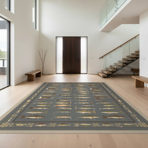 Design&I 8'x10' Washable Area Rug Snag-Free Bass Wildlife Collage Lake Lure Border Trophy Hunting Fishing Flowing Dynamic for Dining Room, Large Office, Lounge