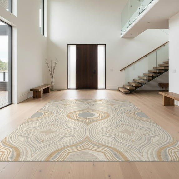 Design&I 8'x10' Washable Area Rug Snag-Free Beige Cream Curved Angular Symmetrical Layout Contemporary Neutral for Dining Room, Large Office, Lounge