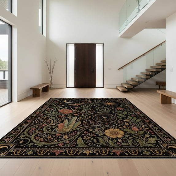 Design&I 8'x10' Washable Area Rug Snag-Free Black Gold Celestial Garden and Floral Motifs Elegant Scrollwork with Starry Night for Dining Room, Large Office, Lounge