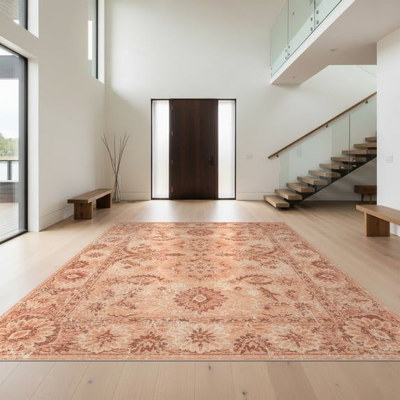 Design&I 8'x10' Washable Area Rug Snag-Free Boho Vintage Ornate Southwestern Border Distressed Scroll Pink Flowing Dynamic for Dining Room, Large Office, Lounge