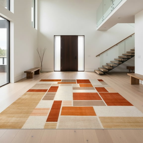 Design&I 8'x10' Washable Area Rug Snag-Free Burnt Orange Terracotta Mid Century Abstract Geometric Boho Midcentury Symmetrical for Dining Room, Large Office, Lounge
