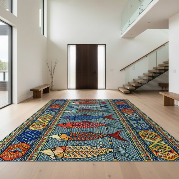 Design&I 8'x10' Washable Area Rug Snag-Free East Urban Vibrant Lake House Fish Nautical Beach Theme Fishing Motif for Dining Room, Large Office, Lounge