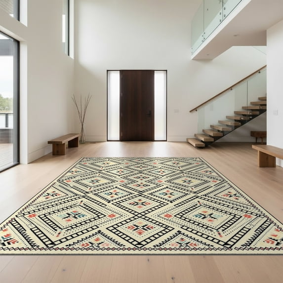 Design&I 8'x10' Washable Area Rug Snag-Free Farmhouse Symmetrical Border Interlocking Entryway Boho Bathroom for Dining Room, Large Office, Lounge