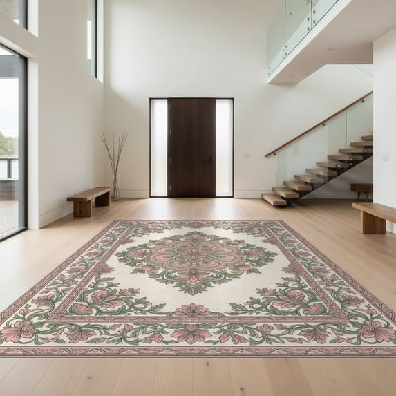 Design&I 8'x10' Washable Area Rug Snag-Free Floral Medallion With Sage Botanical Border Accents Vintage Distressed Refined for Dining Room, Large Office, Lounge