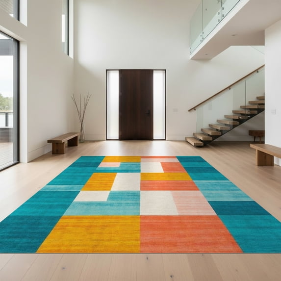 Design&I 8'x10' Washable Area Rug Snag-Free Geometric Patchwork Interlocking Block Patterned Multi Multicolor for Dining Room, Large Office, Lounge