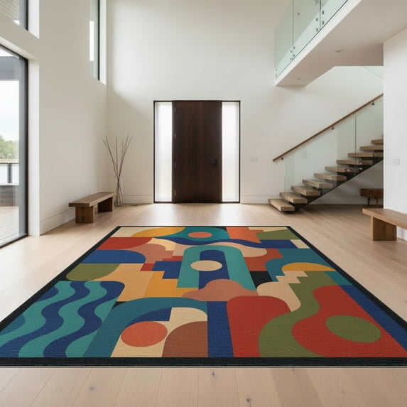 Design&I 8'x10' Washable Area Rug Snag-Free Multicolor Geometric Abstract Design Dynamic Shapes with Bold Modern for Dining Room, Large Office, Lounge