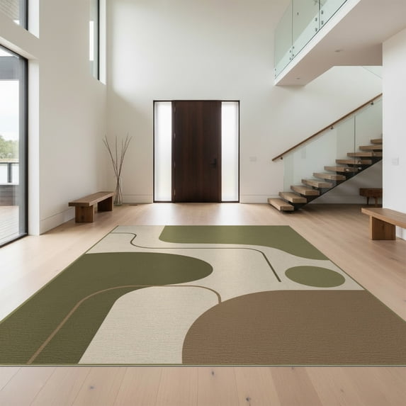 Design&I 8'x10' Washable Area Rug Snag-Free Olive Beige Geometric Flow Design Abstract Curved Lines and Shapes for Dining Room, Large Office, Lounge
