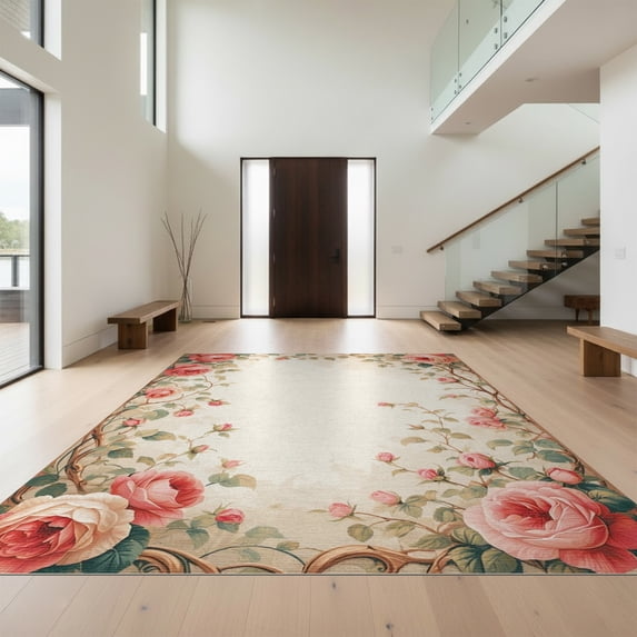 Design&I 8'x10' Washable Area Rug Snag-Free Pink Vintage Boho Scrolling Vine Frame Blooming Cluster Girly for Dining Room, Large Office, Lounge