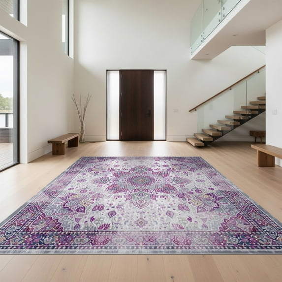 Design&I 8'x10' Washable Area Rug Snag-Free Purple Grey Boho Medallion Design Symmetrical Accents with Decorative Border for Dining Room, Large Office, Lounge