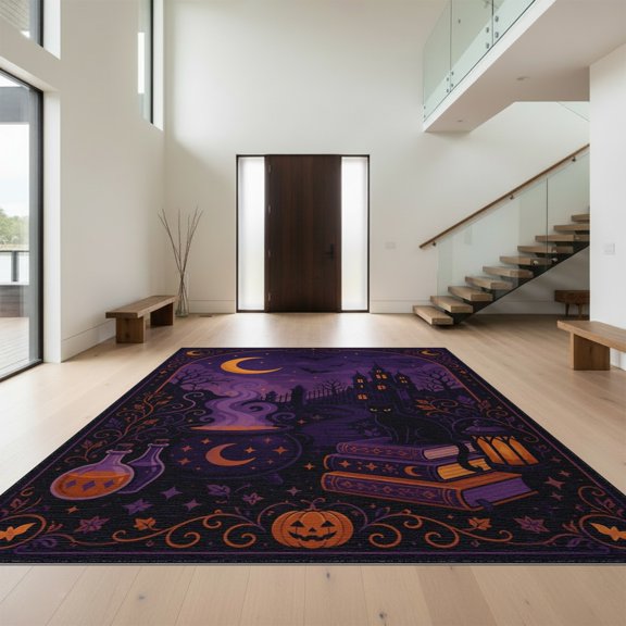 Design&I 8'x10' Washable Area Rug Snag-Free Purple Orange Enchanted Nighttime Whimsy Design Gothic Castle and Moon Motif for Dining Room, Large Office, Lounge