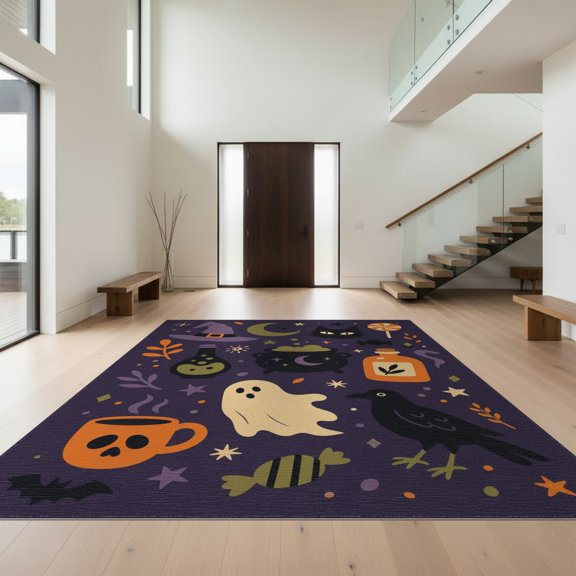 Design&I 8'x10' Washable Area Rug Snag-Free Purple Orange Whimsical Halloween Themed Design Enchanting Night Motifs with Ghosts, Cats, for Dining Room, Large Office, Lounge