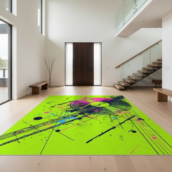 Design&I 8'x10' Washable Area Rug Snag-Free Record Vinyl Retro Abstract Turntable Vibrant Musical Splatter Motif for Dining Room, Large Office, Lounge