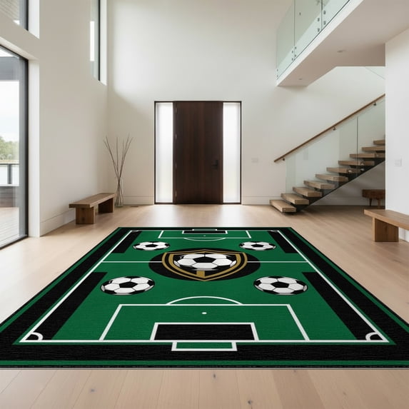 Design&I 8'x10' Washable Area Rug Snag-Free Soccer Tournament Field Motif Door Center Goal Markings Striped for Dining Room, Large Office, Lounge