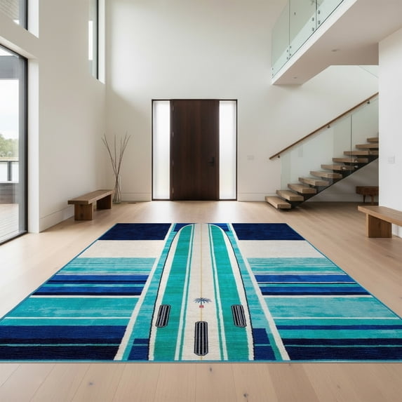 Design&I 8'x10' Washable Area Rug Snag-Free Surfboard Beach Tropical Stripe Design With Wave Motif Accents for Dining Room, Large Office, Lounge